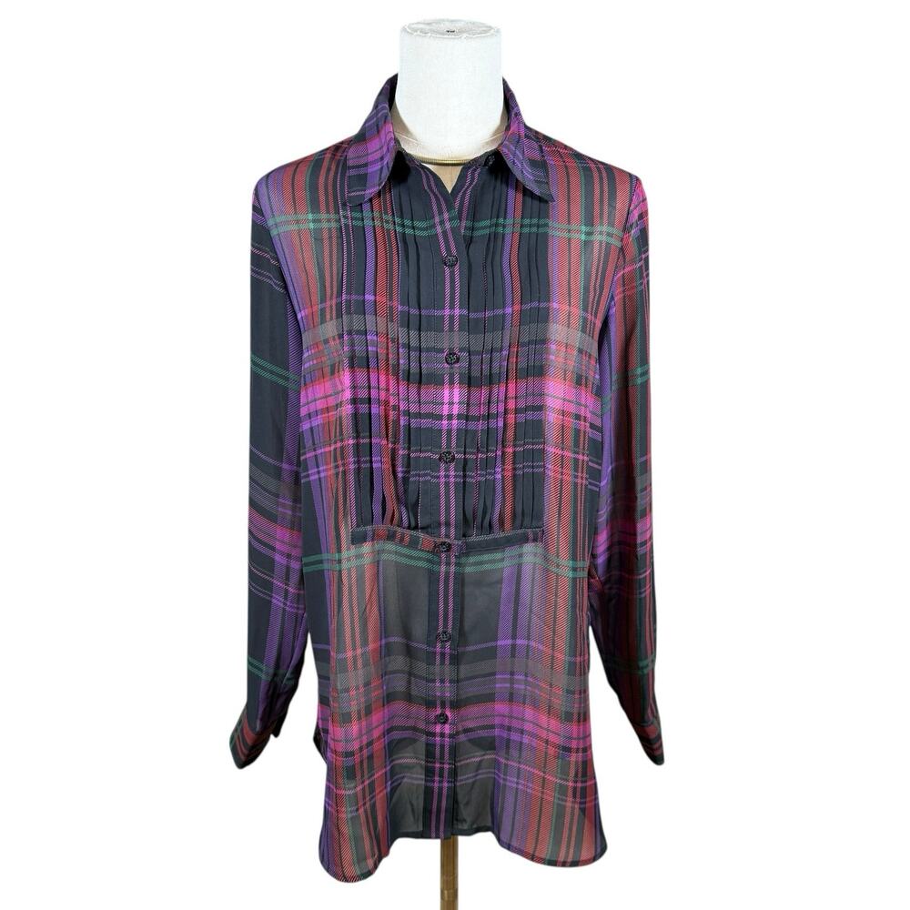 Lauren Ralph Lauren Sheer Plaid Tunic Blouse Long Sleeve Button Front P/M